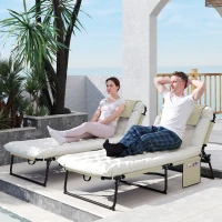 Outsunny 2-Piece Folding Lounge Chairs with Adjustable Backrest, Tanning Chair with Cushion, Side Pocket, Headrest, Beige(m-1)