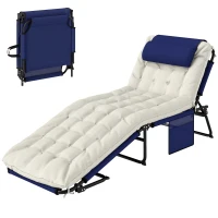 Outsunny Folding Chaise Lounge Pool Chair with 4-level Reclining Back, Cushion, Side Pocket, Headrest, Navy Blue(m-1)