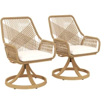 Outsunny Outdoor Swivel Dining Chairs Set of 2, Patio Rattan Chairs with Soft Cushions for Garden, Backyard, Poolside, Khaki(m-11)
