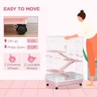 PawHut 32"L 4-Level Small Animal Cage Rabbit Hutch with Wheels, Slide-out Tray for Bunny, Chinchillas, Ferret, Pink(m-5)