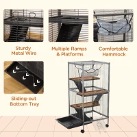 PawHut Metal Small Animal Cage Rolling Big Ferret Cage, Chinchilla Cage, Sugar Glider Cage, with Hammock & 4 Tiers, Removable Tray, Gray(m-6)