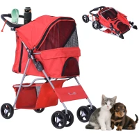 PawHut Pet Stroller Foldable Carrier for Cat, Dog and More 4 Wheels Travel Jogger with Cup Holder, Storage Basket, 360 ° swiveling front wheels, Easy Fold, Red(m-2)