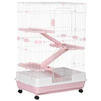 PawHut 32"L 4-Level Small Animal Cage Rabbit Hutch with Wheels, Slide-out Tray for Bunny, Chinchillas, Ferret, Pink(m-1)
