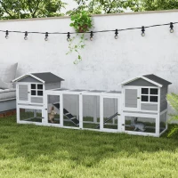 PawHut 102" 2 in 1 Wooden Rabbit Hutch, Double Main House Pet Playpen, Large Bunny House Enclosure for Indoor/Outdoor with 2 Run Boxes, No Leak Tray, and Ramp, for Guinea Pig and Small Animals, Gray(m-10)