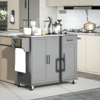 HOMCOM Kitchen Island with Wheels, Kitchen Island on Wheels with Drawer, 3 Cabinets, Stainless Steel Countertop, Gray(m-9)