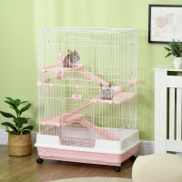 PawHut 32"L 4-Level Small Animal Cage Rabbit Hutch with Wheels, Slide-out Tray for Bunny, Chinchillas, Ferret, Pink(m-10)