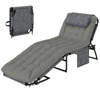 Outsunny Folding Chaise Lounge Pool Chair with 4-level Reclining Back, Cushion, Side Pocket, Headrest, Gray(m-1)