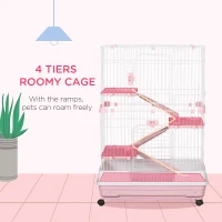 PawHut 32"L 4-Level Small Animal Cage Rabbit Hutch with Wheels, Slide-out Tray for Bunny, Chinchillas, Ferret, Pink(m-4)