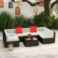 Outsunny 7 Piece Set Rattan Sofa Luxury Modular Conversation Outdoor Furniture - Coffee and Cream(m-2)