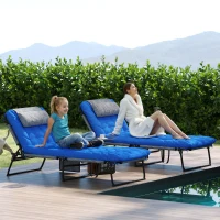 Outsunny 2 Pieces Folding Lounge Chairs with 4-level Reclining Back, Outdoor Tanning Chair with Cushion, Sun Lounger with Breathable Mesh Fabric, Side Pocket, Headrest, Blue(m-8)