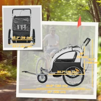Aosom 2-in-1 Bike Trailer for Kids, Foldable 2-Seat Baby Stroller with 5-Point Harness, Rubber Wheels, Storage Bag, Black(m-3)