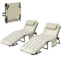 Outsunny 2-Piece Folding Lounge Chairs with Adjustable Backrest, Tanning Chair with Cushion, Side Pocket, Headrest, Beige(m-2)