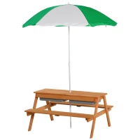 Outsunny Kids 3 in 1 Sand and Water Table, Wooden Outdoor Convertible Picnic Table with Umbrella and Storage Inside, Bench Backyard Furniture for Garden, Patio, or Balcony(m-11)