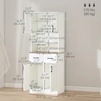 HOMCOM 66" Tall Kitchen Pantry Cabinet, Freestanding Storage Cabinet with 2 Adjustable Shelves, 2 Drawers, Open Counter and Glass Doors, White(m-3)
