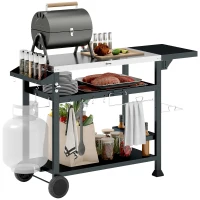 Outsunny 3-Shelf Outdoor Grill Cart Table with Foldable Side Table, Stainless Steel Pizza Oven Stand on Wheels, Black(m-11)