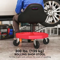 HOMCOM Rolling Garage Stool, 300 LBS Capacity Mechanic Stool with 5" Wheels, Tool Tray Storage, Adjustable Height, Red(m-4)