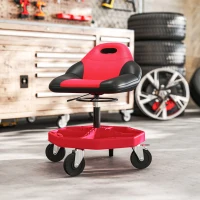 HOMCOM Rolling Garage Stool, 300 LBS Capacity Mechanic Stool with 5" Wheels, Tool Tray Storage, Adjustable Height, Red(m-10)