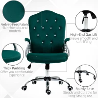 Vinsetto Velvet Computer Chair, Button Tufted Desk Chair with Swivel Wheels, Adjustable Height, Green(m-7)