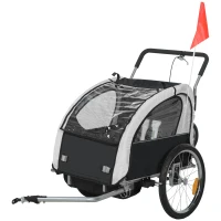 Aosom 2-in-1 Bike Trailer for Kids, Foldable 2-Seat Baby Stroller with 5-Point Harness, Rubber Wheels, Storage Bag, Black(m-11)