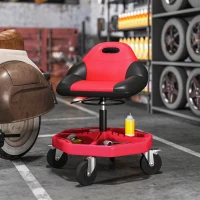 HOMCOM Rolling Garage Stool, 300 LBS Capacity Mechanic Stool with 5" Wheels, Tool Tray Storage, Adjustable Height, Red(m-8)