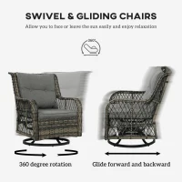 Outsunny 3 Piece Outdoor Bistro Set, Wicker Patio Furniture Set with Swivel Glider Chairs for Balcony, Porch, Grey(m-4)