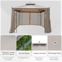 Outsunny 10' x 10' Patio Gazebo with Corner Frame Shelves, Double Roof Outdoor Gazebo Canopy Shelter with Netting for Patio, Wedding, Catering & Events, Brown(m-4)