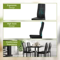 HOMCOM 5-Piece Rectangular Glass Kitchen Table and Chairs with Metal Frame and Faux Leather Upholstery for Dining Room, Black(m-4)