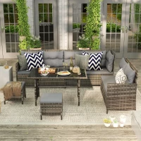 Outsunny 6pcs Outdoor Rattan Sofa Set Garden Wicker Sectional Couch Furniture Set with Dining Table and Chair Grey(m-1)