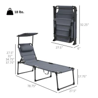 Outsunny Outdoor Lounge Chair, 4 Position Adjustable Backrest, Folding, Cushioned w/ Sun Shade Roof & Pillow, Gray(m-3)