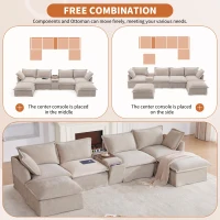 Modular Sectional Sofa with Movable Ottoman and Console, Cup Holder, USB Charger, 6-Seat U-Shaped Couch, 131" L x 59" W x 32" H, Khaki(m-4)