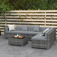 Outsunny 7pc Garden Wicker Sectional Set w/ Tea Table Patio Rattan Lounge Sofa Outdoor Deck Furniture Light Grey(m-1)