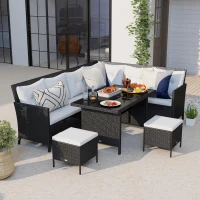 Outsunny 6pcs Outdoor Rattan Sofa Set Garden Wicker Sectional Couch Furniture Set with Dining Table and Chair White(m-1)