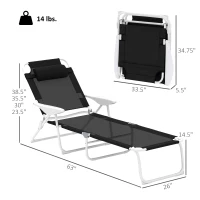 Outsunny Folding Chaise Lounge, Outdoor Sun Tanning Chair, 4-Position Reclining Back, Armrests, Removable Pillow, Black(m-3)