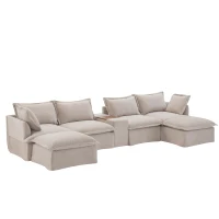 Modular Sectional Sofa with Movable Ottoman and Console, Cup Holder, USB Charger, 6-Seat U-Shaped Couch, 131" L x 59" W x 32" H, Khaki(m-2)