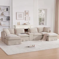 Modular Sectional Sofa with Movable Ottoman and Console, Cup Holder, USB Charger, 6-Seat U-Shaped Couch, 131" L x 59" W x 32" H, Khaki(m-9)