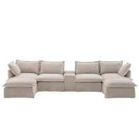 Modular Sectional Sofa with Movable Ottoman and Console, Cup Holder, USB Charger, 6-Seat U-Shaped Couch, 131" L x 59" W x 32" H, Khaki(m-13)