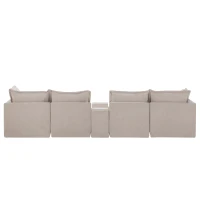Modular Sectional Sofa with Movable Ottoman and Console, Cup Holder, USB Charger, 6-Seat U-Shaped Couch, 131" L x 59" W x 32" H, Khaki(m-15)