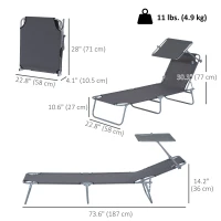 Outsunny Outdoor Lounge Chair, Adjustable Folding Chaise Lounge,  Tanning Chair with Sun Shade for Beach, Camping, Hiking, Backyard, Grey(m-3)