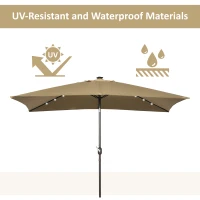 Outsunny 6.5x10ft Patio Umbrella Rectangle Solar Powered Tilt Aluminum Outdoor Market Parasol with LEDs Crank (Light Coffee)(m-4)
