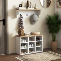 HOMCOM 2-in-1 Hall Tree, 5-Hook Coat Rack Shoe Bench Set w/ Bench and Shoe Storage for Entryway, Hallway, White(m-8)