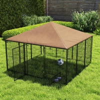 PawHut 6.9' x 6.9' x 5' Outdoor Dog Kennel with Canopy, Rotating Bowls, Coffee(m-8)