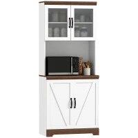 HOMCOM 70" Farmhouse Pantry Cabinet, Kitchen Hutch Storage Cabinet with Glass Doors, Adjustable Shelves, Open Microwave Countertop, White(m-11)