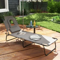 Outsunny Adjustable Outdoor Lounge Chair, Garden Folding Chaise Lounge with Face Hole Reclining Tanning Chair Seat, Folding Camping Beach Lounging Bed w/ Support Pillow, Grey(m-8)