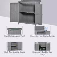 Outsunny Wooden Garden Tool Storage Shed Kit with Hinged Roof, 2-Tier Shelves and Double Doors, 74x43x88cm, Dark Grey(m-4)