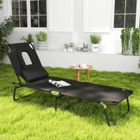 Outsunny Adjustable Outdoor Lounge Chair, Garden Folding Chaise Lounge with Face Hole Reclining Tanning Chair Seat, Folding Camping Beach Lounging Bed w/ Support Pillow, Black(m-8)