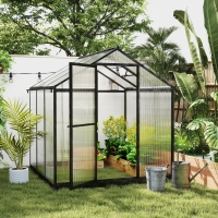 Outsunny 6' x 8' x 6.4' Polycarbonate Greenhouse, Aluminum Walk-In Green House Kit Garden, Plants Grow with Rain Gutter and Roof Vent, Charcoal Grey