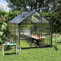 Outsunny 6' x 10' x 6.6' Polycarbonate Greenhouse, Walk-In Green House Kit Garden, Plants Grow, Galvanized Sheet Aluminum Frame with Rain Gutter, Vents and Sliding Door, Grey