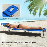 Outsunny Folding Outdoor Lounge Chair, Portable Reclining Beach Lounger with Face Hole, Detachable Pillow, 4-Position Adjustable Backrest, For Patio, Garden, Poolside, Blue(m-7)