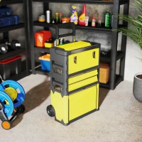 HOMCOM 3-in-1 Tool Box with Wheels, Stackable, Modular Steel Toolbox with Tray, Handles, Latches for Workshop, Garage, Yellow(m-10)