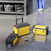 HOMCOM 3-in-1 Tool Box with Wheels, Stackable, Modular Steel Toolbox with Tray, Handles, Latches for Workshop, Garage, Yellow(m-9)